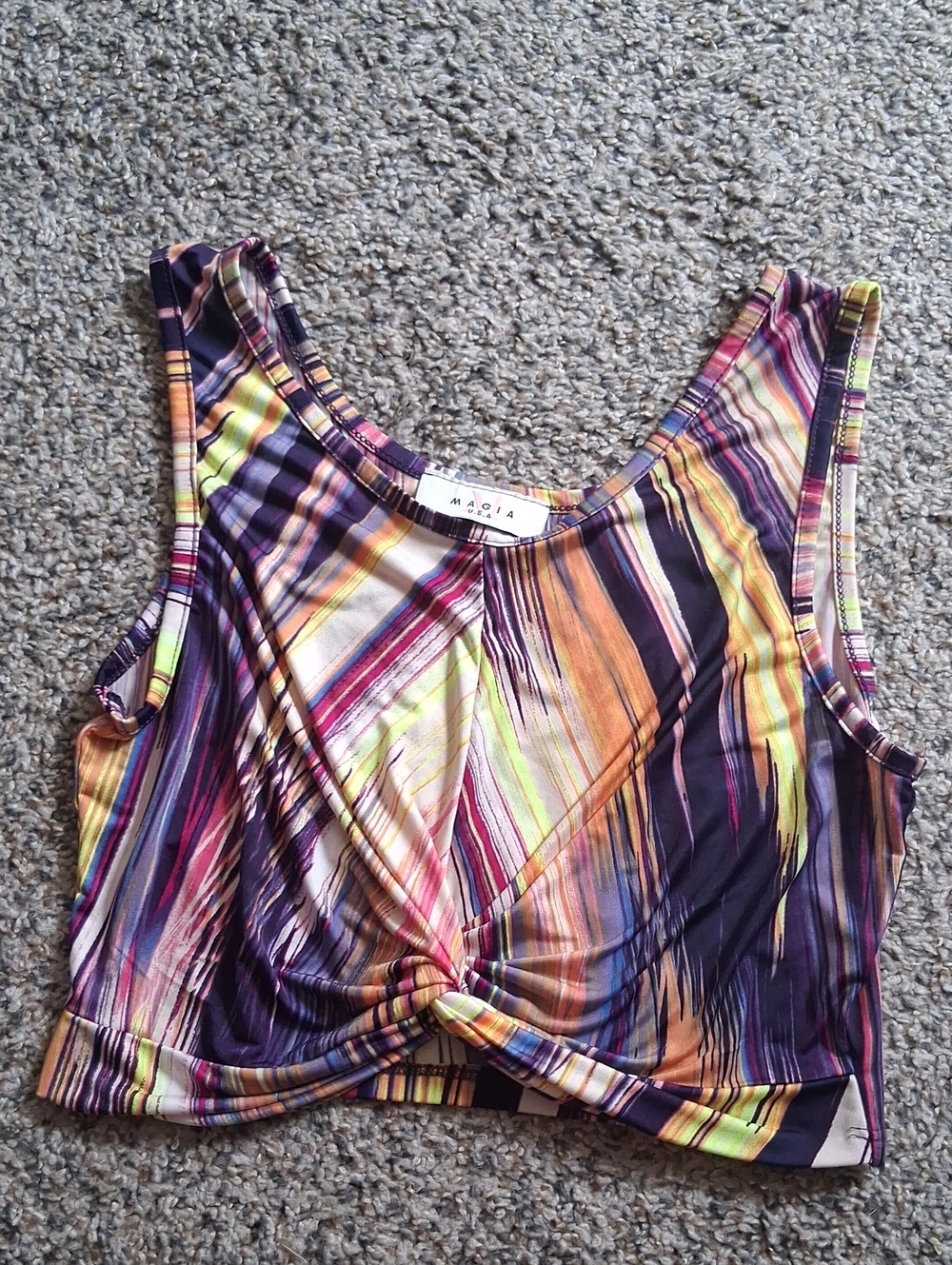 Magia Twist-Front Crop Top in Purple, Yellow & Pink Stripes
